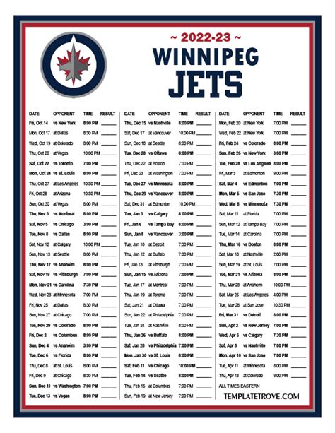 2022-2023 Winnipeg Jets Season Schedule