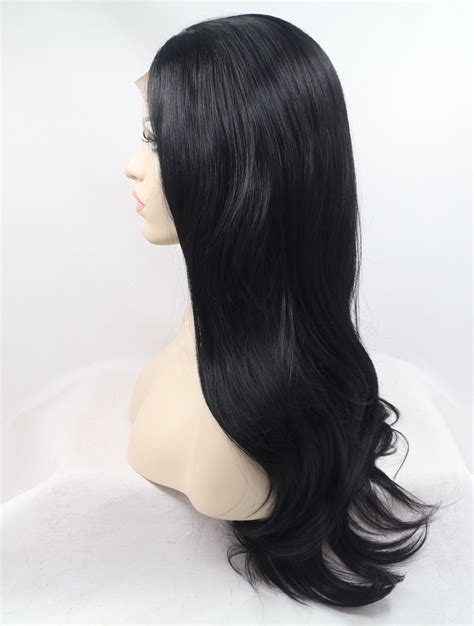 21" Wavy Black Layered Synthetic Long Lace Front Wigs