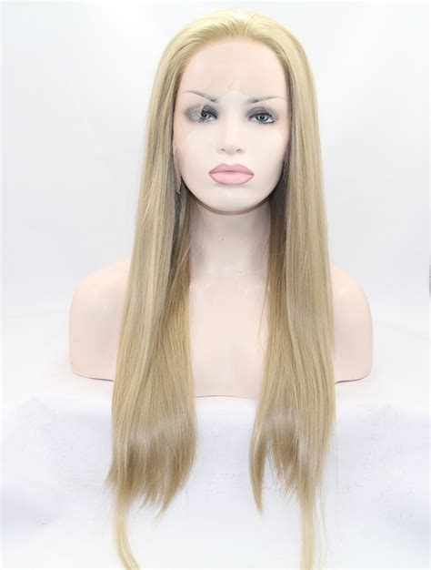 24" Straight Blonde Without Bangs Synthetic Lace Front Long Wigs