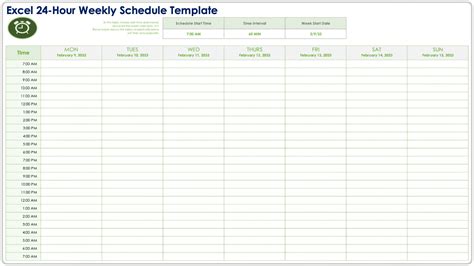 24 Hour Weekly Schedule Template