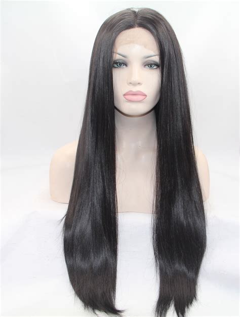 27" Straight Black Layered Synthetic Lace Front Long Wigs