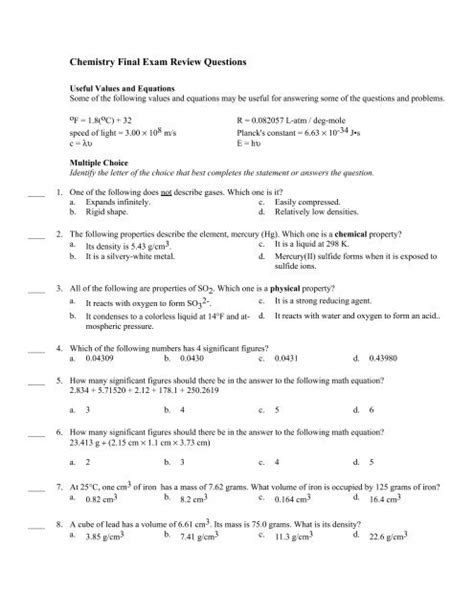 2nd Semester Chemistry Final Exam Review Answers Kindle Editon