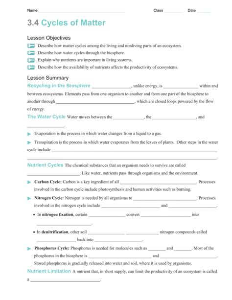 3 Cycles Of Matter Worksheet Answer Key Reader