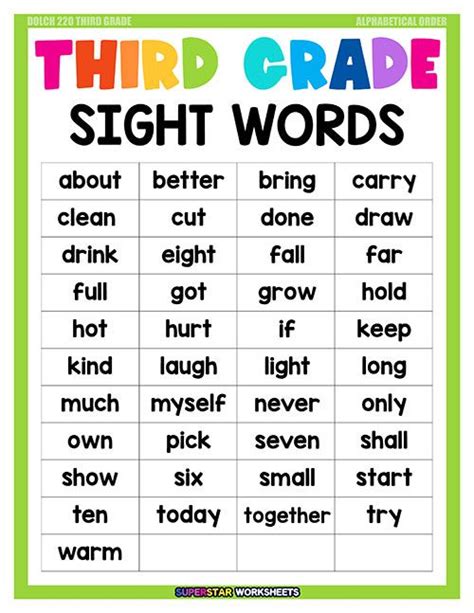 3rd Grade Sight Words Printable