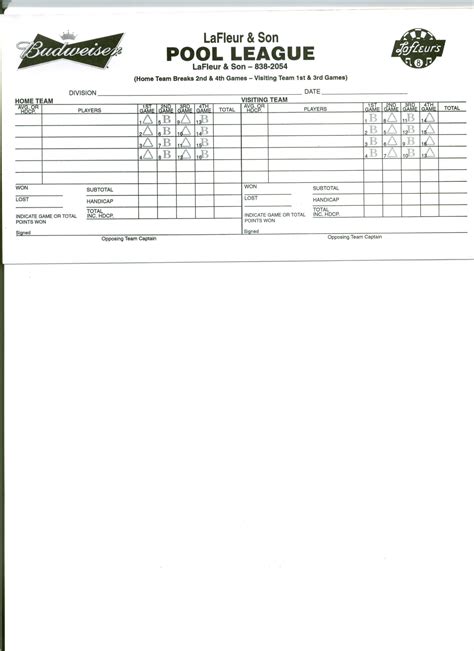 4 team pool league score sheets template Reader