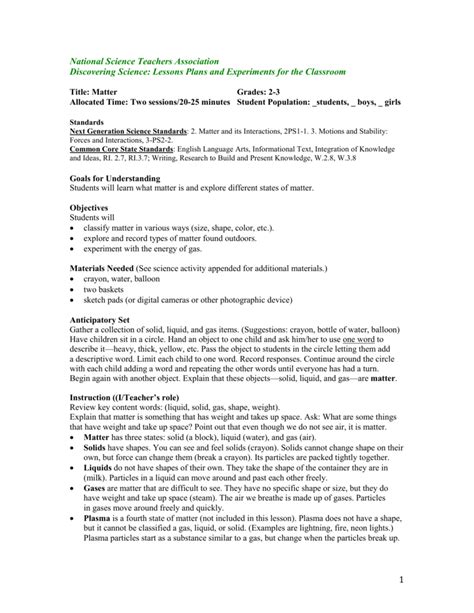 4th grade matter lesson plans Doc