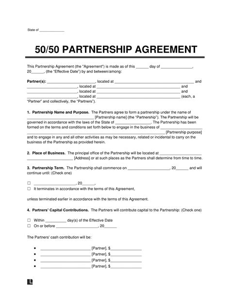 50/50 Partnership Agreement Template Free
