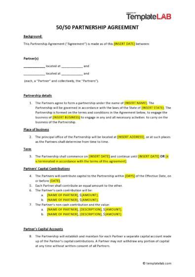 50 50 Partnership Agreement Template Doc