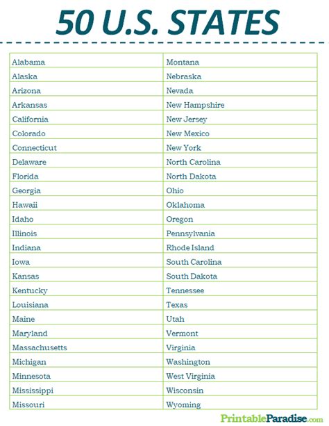 50 State List Printable