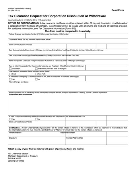 501 Tax Clearance Request For Corporation Dissolution Or PDF