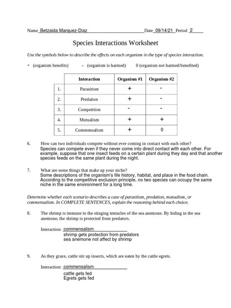 52 Species Interactions Answers PDF