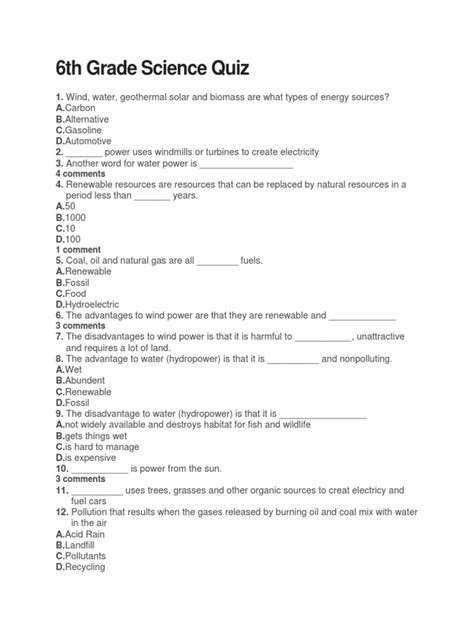 6th Grade Science Quiz Questions Answers PDF