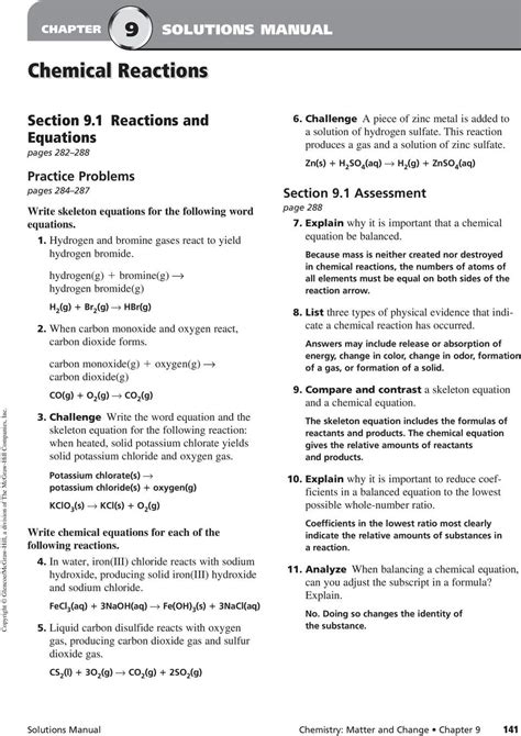 71 Describing Reactions Worksheet Answers Doc