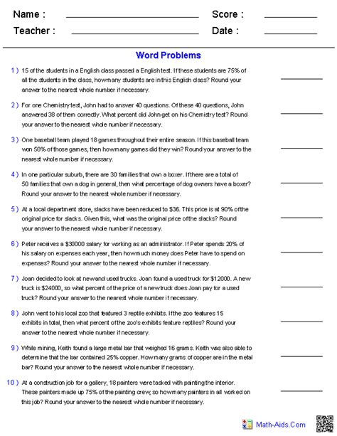 7th Grade Math Word Problems Worksheets With Answers PDF