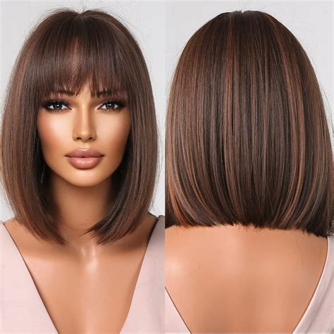 8" Straight Brown With Bangs Short Wigs