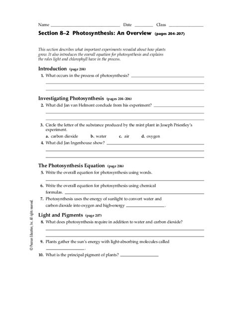 82 Photosynthesis An Overview Answers Doc