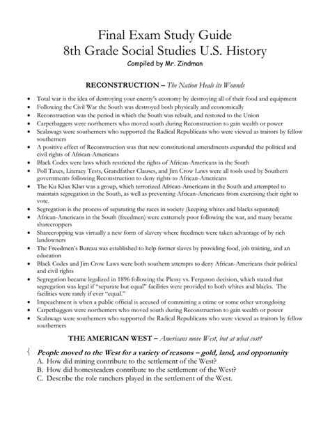 8th grade social studies final exam study guide PDF