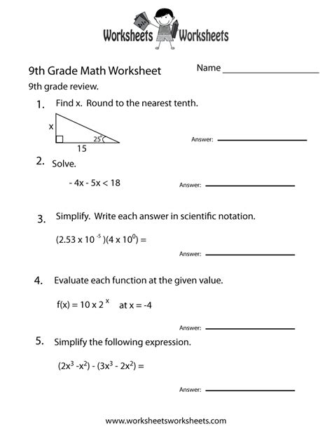 9th Grade Math Worksheets With Answer Key Epub