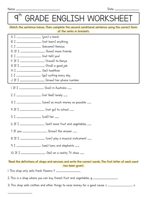 9th grade worksheets for high school students