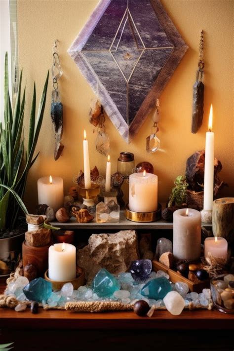 A minimalist altar with a single candle and a few crystals.