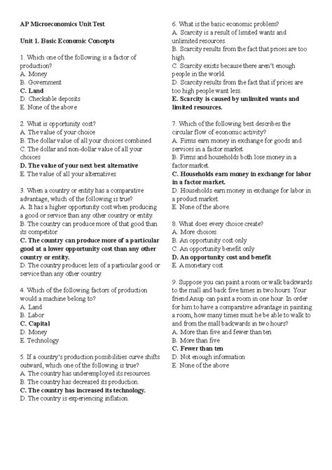 AP Microeconomics Unit 1 Practice Test
