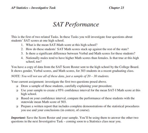 AP STATISTICS INVESTIGATIVE TASK CHAPTER 23 SAT PERFORMANCE ANSWER KEY Ebook Epub