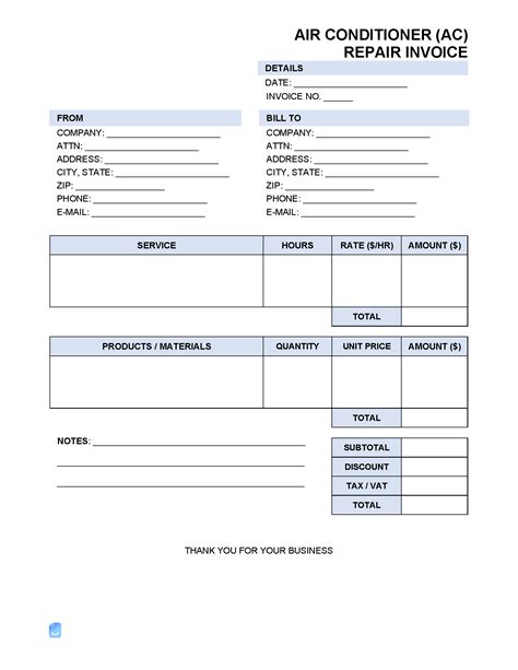 Ac Repair Man Sample Invoice Template Excel