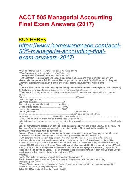 Accounting 505 Final Exam Answers Epub