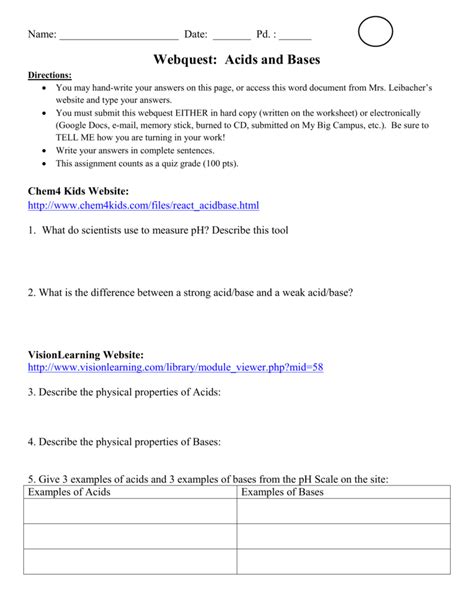 Acid Base Webquest Answers Doc