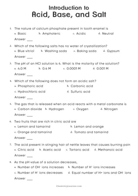 Acids Bases Salts Worksheet Answer Key Doc