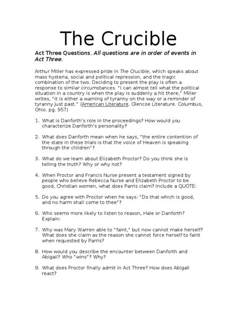 Act Three Crucible Assessment Preparation Answers Reader