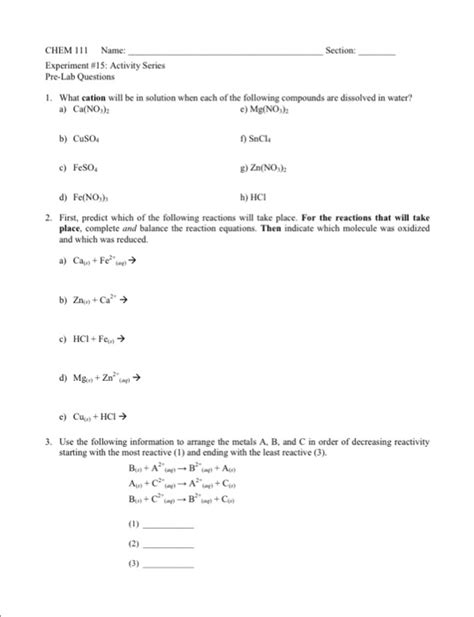 Activity Series Pre Lab Answers 15 PDF