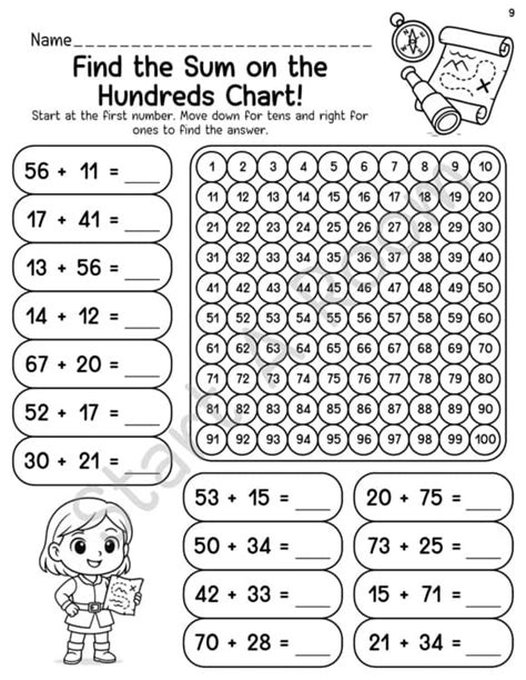 Adding Two Digit Numbers Using A Hundreds Chart Worksheets