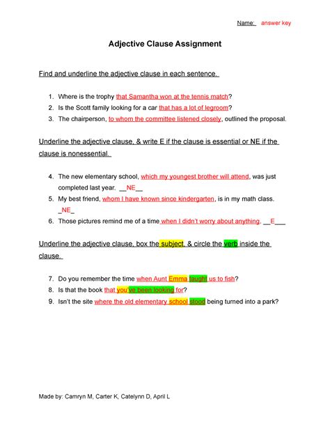 Adjective Clause And Answer Key Kindle Editon