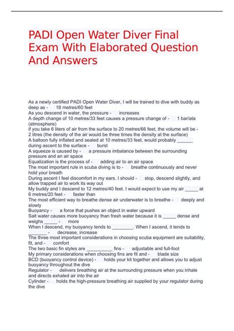 Advanced Open Water Padi Final Assessment Answers Reader