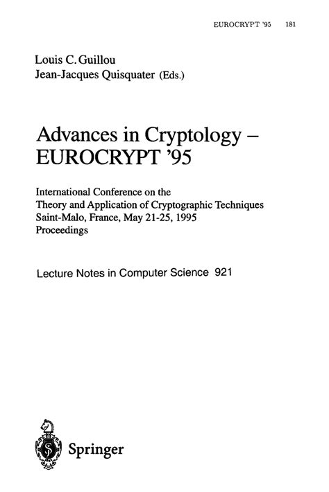 Advances in Cryptology-EUROCRYPT 95 International Conference on the Theory and Application of Crypt Epub