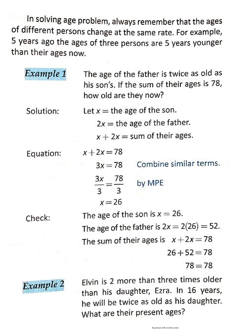 Age Problems Worksheets With Solutions PDF