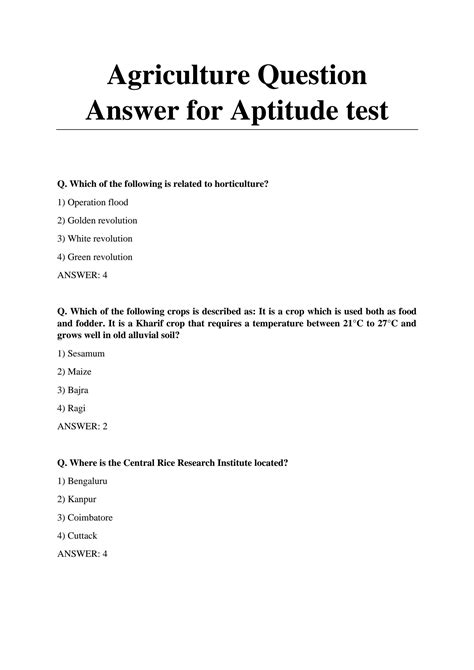 Agriculture Aptitude Test Questions And Answers PDF