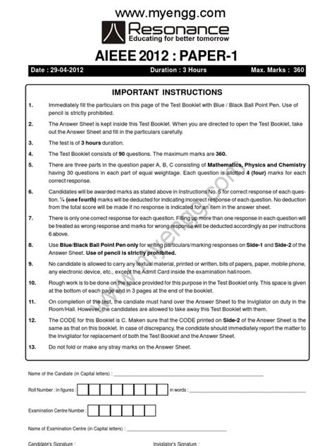 Aieee Answer Sheet 2012 Code D Kindle Editon