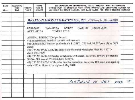 Aircraft Logbook Entry Template
