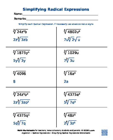 Algebra 1 Answer Key For Radical Expressions Doc