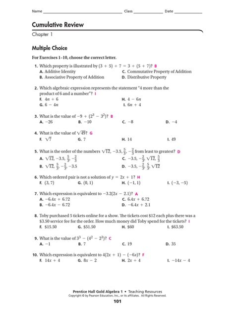 Algebra 1 Cumulative Review Answer Key Kindle Editon