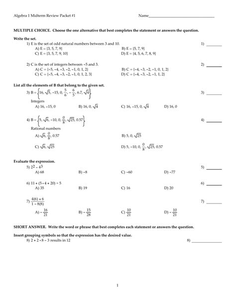 Algebra 1 Midterm Review Answer Packet Doc