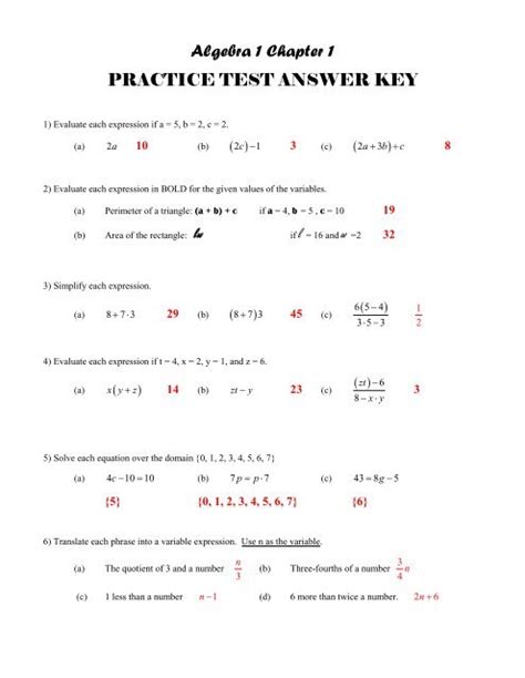 Algebra 1 Practice Test With Answers PDF