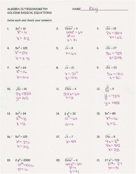 Algebra 1 Review Simplifying Radical Answer Key PDF