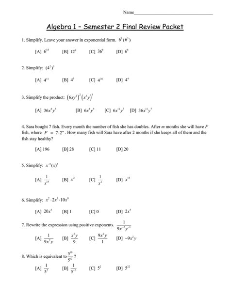 Algebra 1 Semester 2 Exam Review Answers PDF