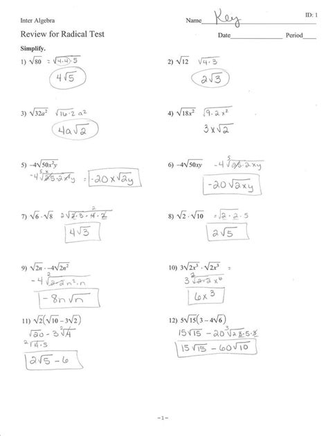 Algebra 1 Simplifying Radicals And Answers PDF