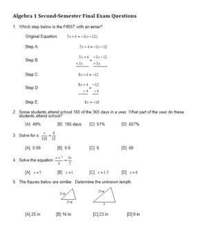 Algebra 1b Final Semester 2 Answers 2014 Doc