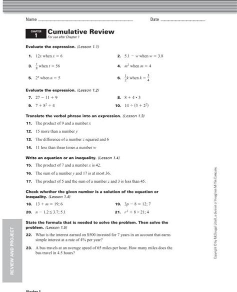 Algebra 2 Cumulative Review Answers PDF