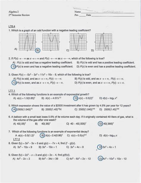 Algebra 2 Final Exam With Answer Key Doc